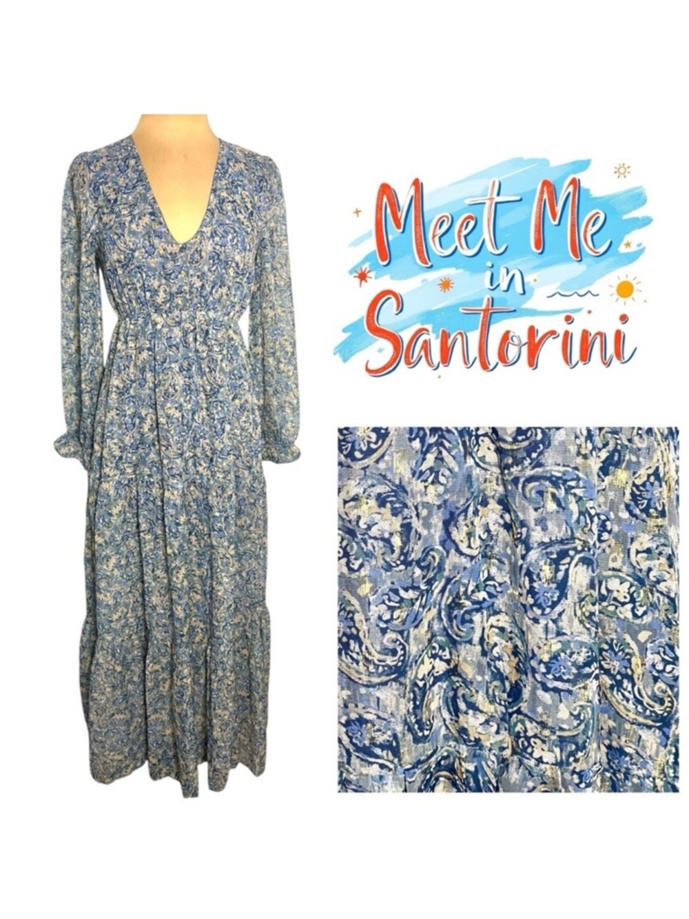 Meet me in Santorini blue paisley maxi dress Size Small Retro Boho Cottagecore